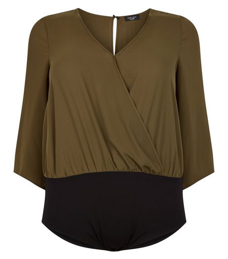 Curves Khaki Wide Sleeve Wrap Bodysuit | New Look