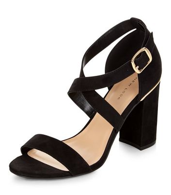 wide fit black suedette cross strap block heels