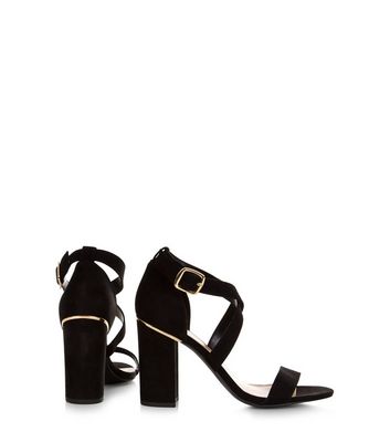 wide fit black suedette cross strap block heels