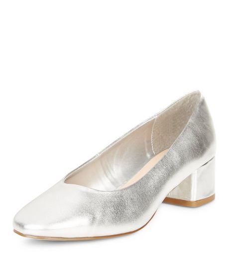 Silver Block Heel Court Shoes | New Look