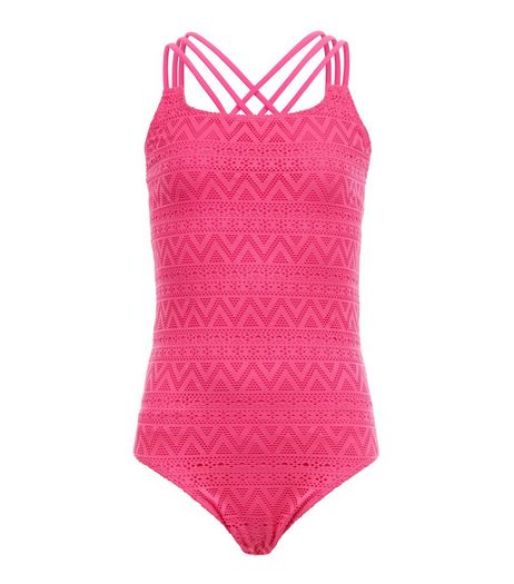 Teens Bright Pink Crochet Strappy Swimsuit | New Look