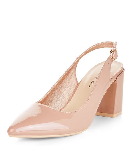 Wide Fit Pink Patent Sling Back Flared Heels | New Look