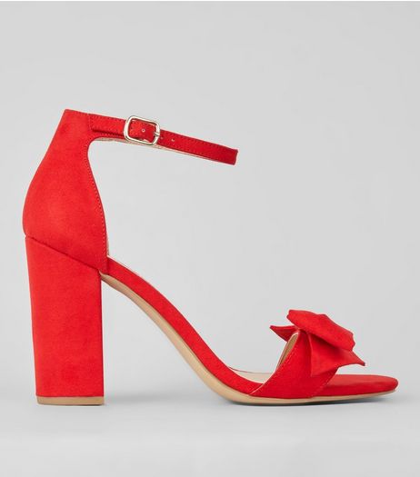 Red Suedette Bow Front Heeled Sandals | New Look