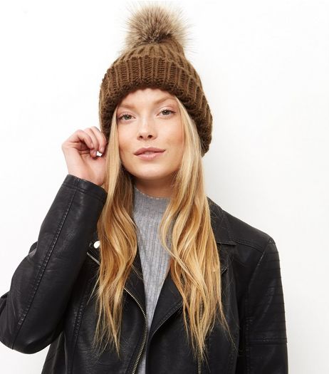 Khaki Faux Fur Pom Pom Beanie Hat | New Look
