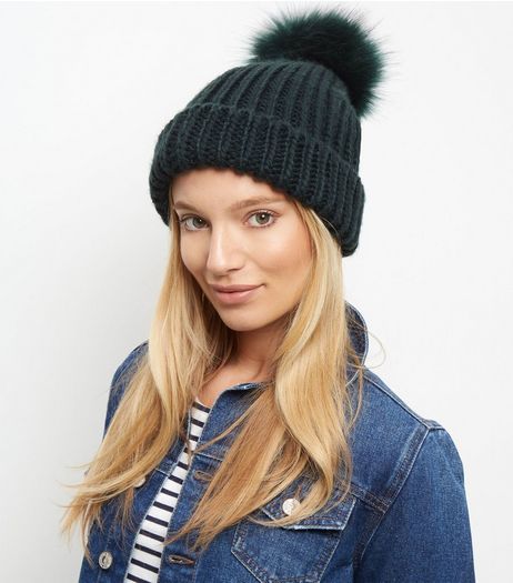 Dark Green Faux Fur Pom Pom Beanie Hat | New Look