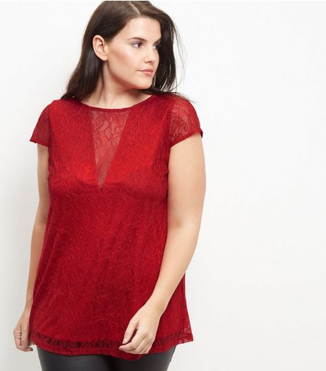 Curves Red Lace V Neck Short Sleeve Top | New Look
