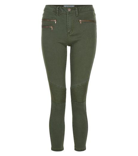 Petite Khaki Super Skinny Biker Zip Jeans | New Look