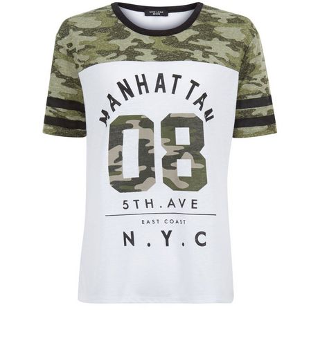 Petite White Camo Colour Block Manhattan Baseball T-Shirt | New Look