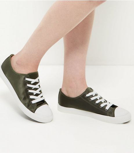 Khaki Sateen Lace Up Plimsolls | New Look