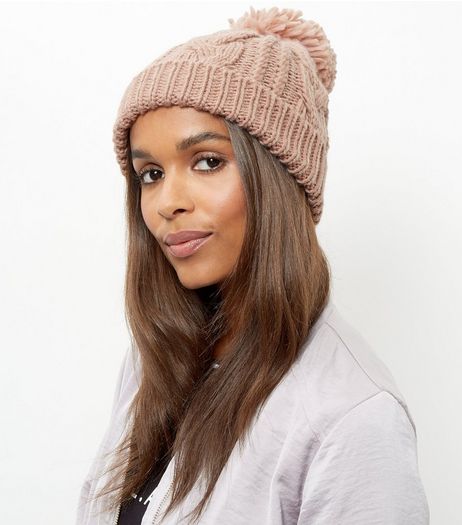 Pink Cable Knit Bobble Beanie Hat | New Look