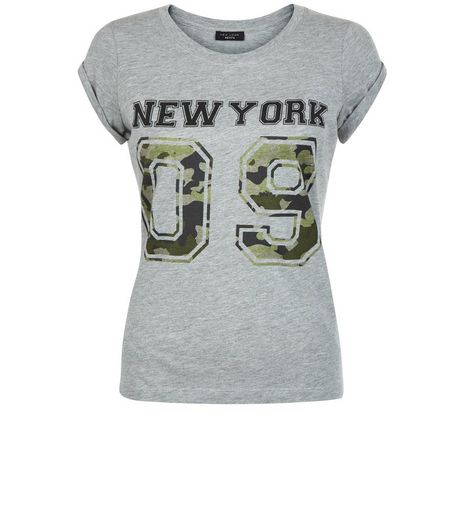 Petite Grey Camo New York 09 T-Shirt | New Look