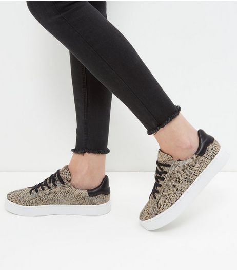 Stone Snakeskin Textured Trainers | New Look