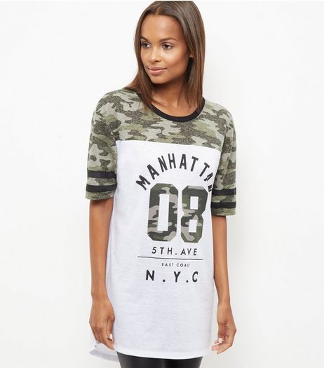 Tall White Camo Colour Block Manhattan Baseball T-Shirt | New Look