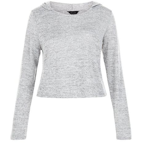 Pale Grey Fine Knit Crop Hooded Sweater | New Look