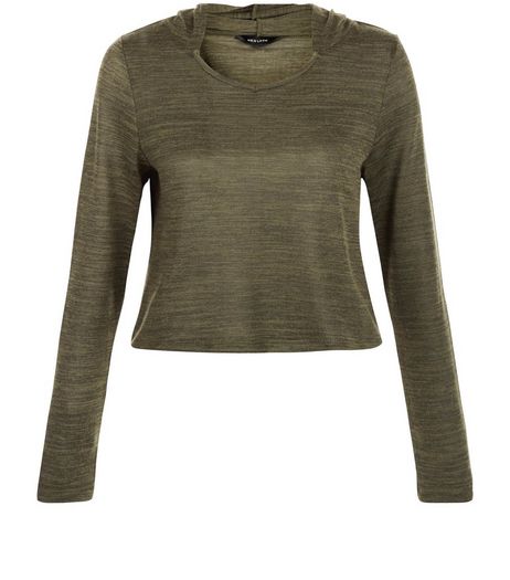 Khaki Fine Knit Crop Hooded Sweater | New Look