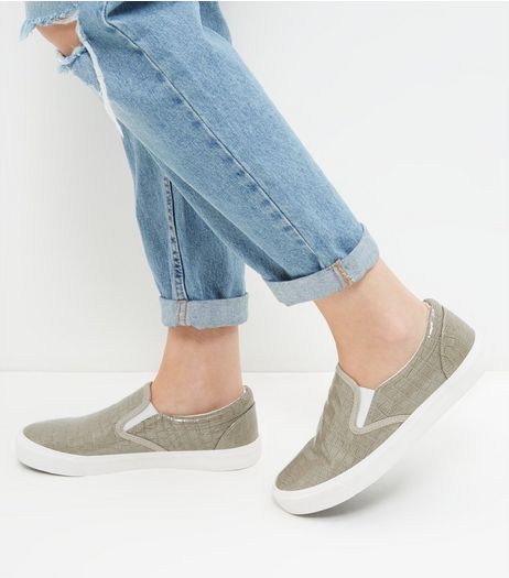 Grey Croc Textured Slip On Plimsolls | New Look