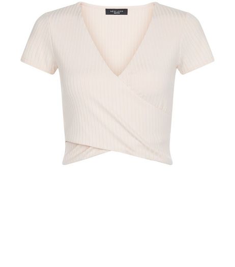 Petite Shell Pink Ribbed Wrap Top | New Look