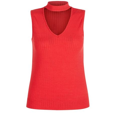 Petite Red Cut Out Ribbed Top | New Look