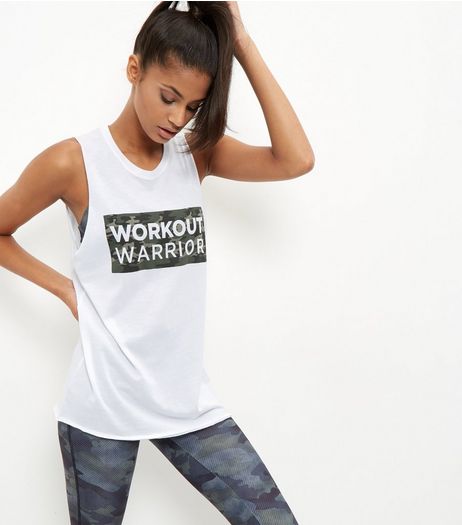 White Workout Warrior Camo Print Tank Top | New Look