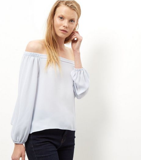 Pale Grey Bardot Neck Long Sleeve Top | New Look