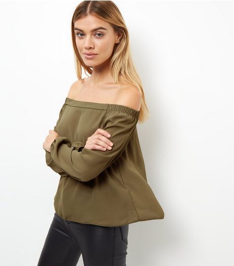 Khaki Bardot Neck Long Sleeve Top | New Look