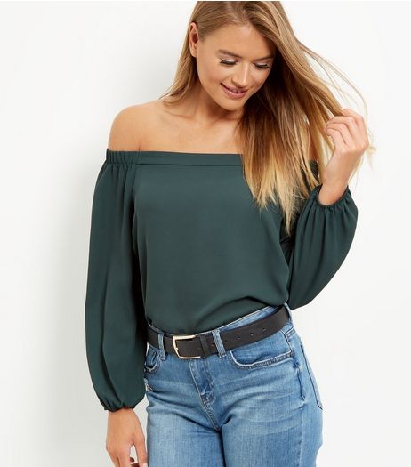 Dark Green Bardot Neck Long Sleeve Top | New Look