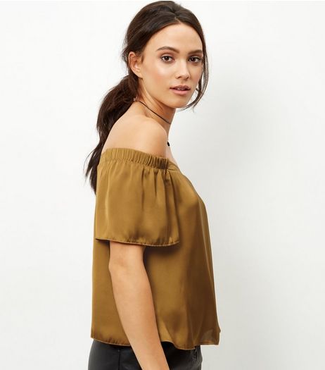 Khaki Sateen Bardot Neck Top | New Look