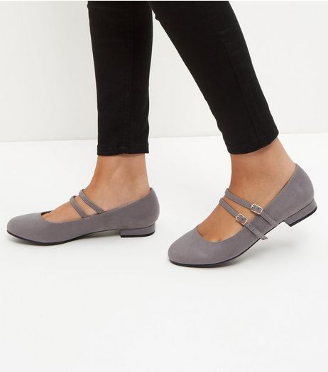Wide Fit Grey Suedette Double Strap Pumps | New Look