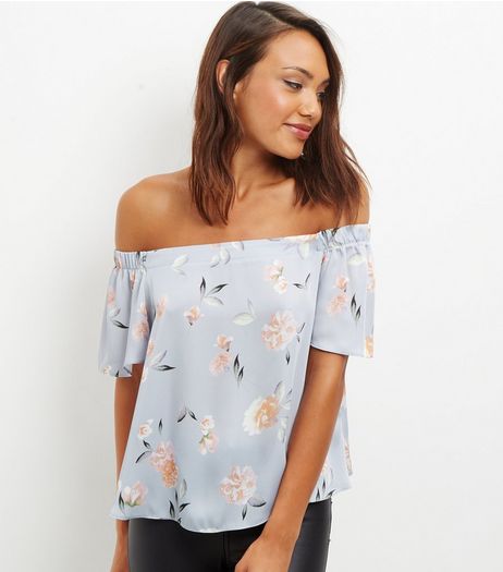Light Grey Floral Print Sateen Bardot Neck Top | New Look