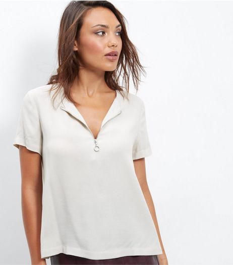 Stone Ring Zip Front T-Shirt | New Look