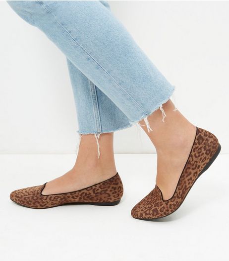 Wide Fit Stone Leopard Print Suedette Loafers | New Look