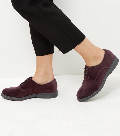 Wide Fit Dark Purple Velvet Chunky Brogues | New Look