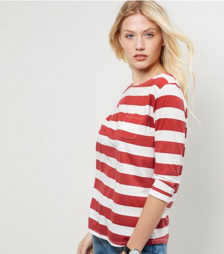 Red Stripe Single Pocket 3/4 Sleeve Top | New Look