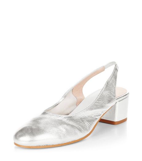 Silver Premium Leather Sling Back Court Shoes | New Look