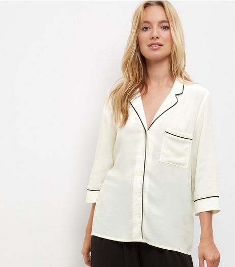 White Contrast Trim 3/4 Sleeve Pyjama Shirt | New Look