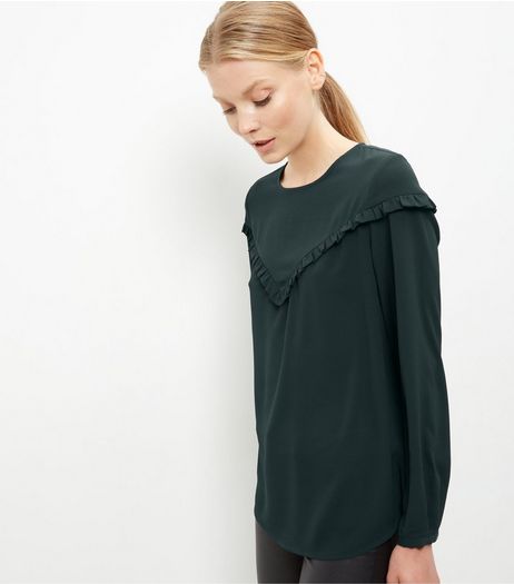 Dark Green Ruffle Trim Long Sleeve Top | New Look