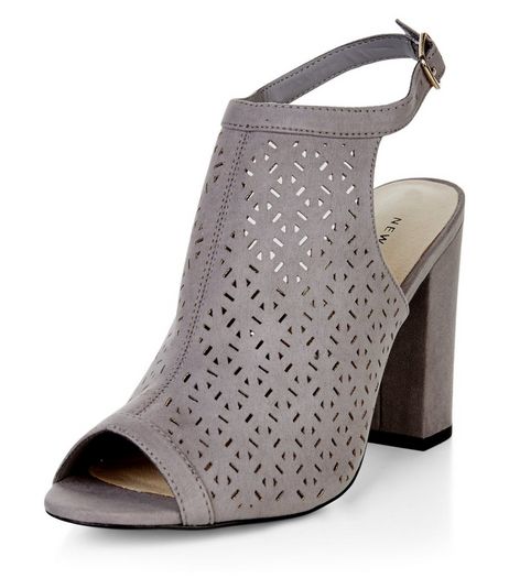 Grey Comfort Suedette Laser Cut Out Heeled Sandals | New Look
