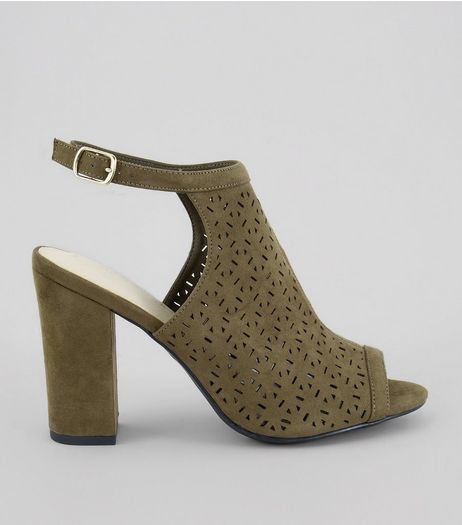 Khaki Comfort Suedette Perforated Heeled Sandals | New Look