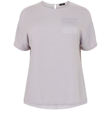 Curves Grey Satin Pocket Boxy T-Shirt | New Look