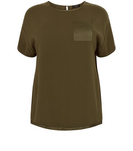 Curves Khaki Satin Pocket Boxy T-Shirt | New Look
