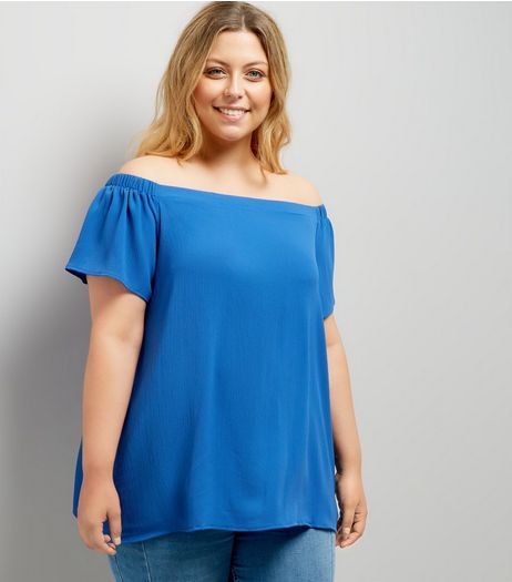 Curves Blue Bardot Neck Top | New Look