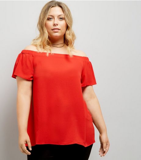 Curves Red Bardot Neck Top | New Look
