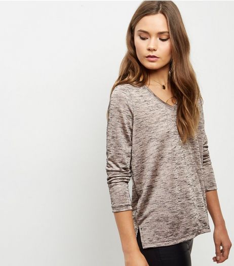 Shell Pink Fine Knit V Neck Long Sleeve Top | New Look