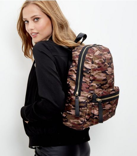 Khaki Camo Print Zip Pocket Front Backpack | New Look