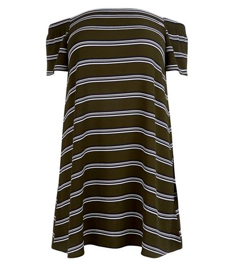 Curves Khaki Stripe Bardot Neck Dress | New Look