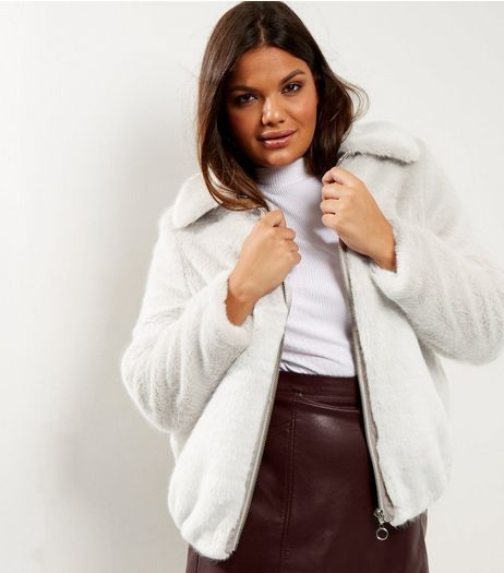 Curves Grey Faux Fur Bomber Jacket | New Look