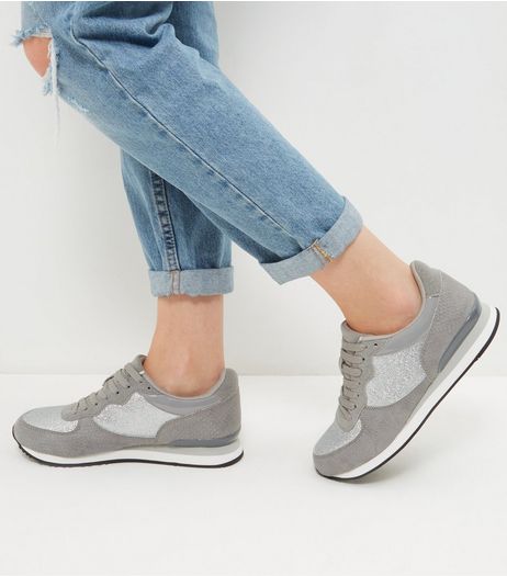 Grey Snakeskin Panel Trainers | New Look