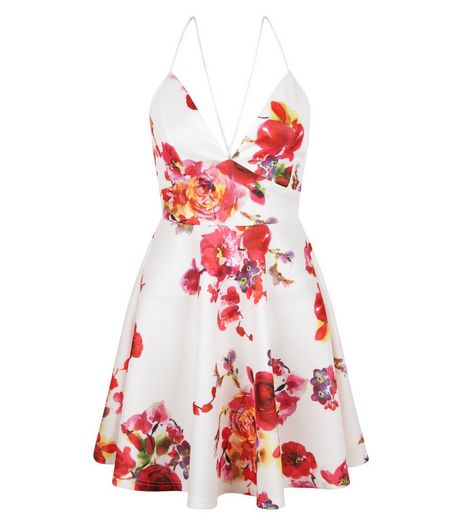 AX Paris White Floral Print Plunge Skater Dress | New Look
