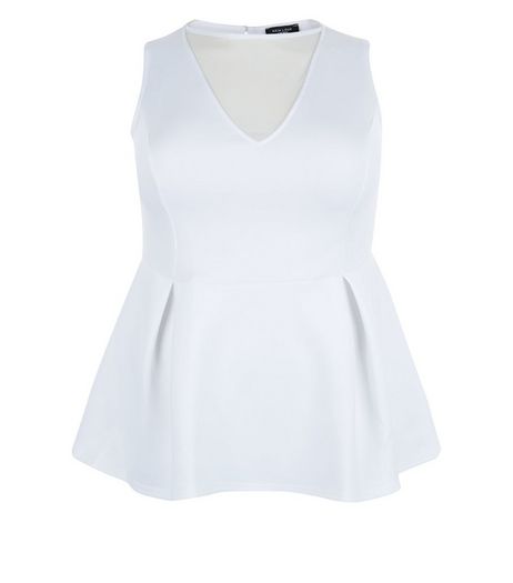 Curves White Mesh Panel Peplum Top | New Look