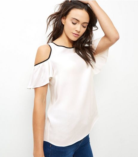 Cream Contrast Trim Cold Shoulder Ruffle Sleeve Top | New Look
